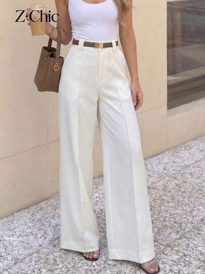 Women's High Waist White Wide Leg Pants, Elegant Pleated Suit Trousers, Loose Flowy Slim Fit Dress Pants, Suitable For Office Wear (Belt Not Included)