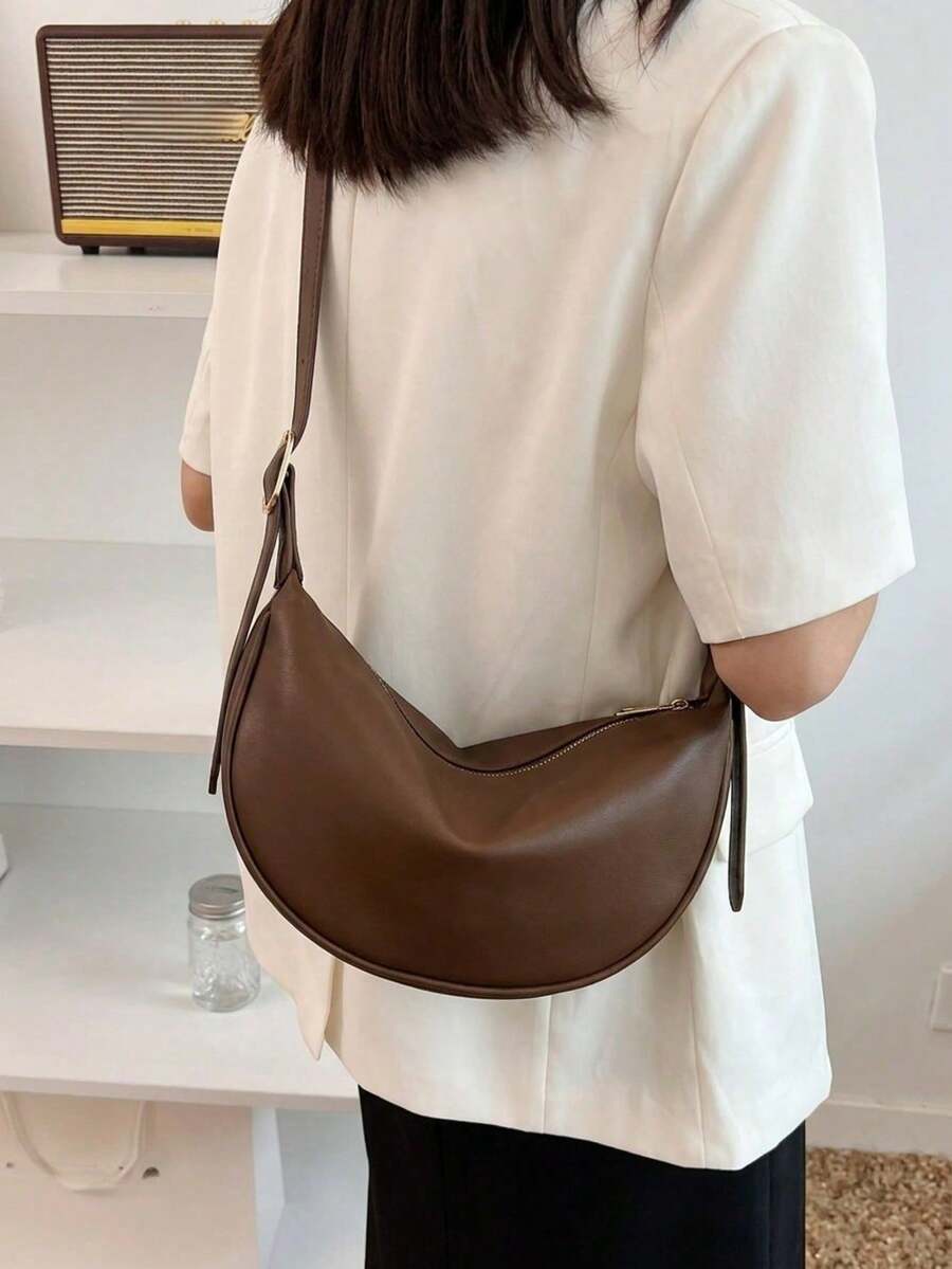 Fashion Solid Color Minimalist Large Capacity Zipper Shoulder Bag, Suitable For Women Shopping, Dating, Commuting And Daily Use - Coffee - View 1