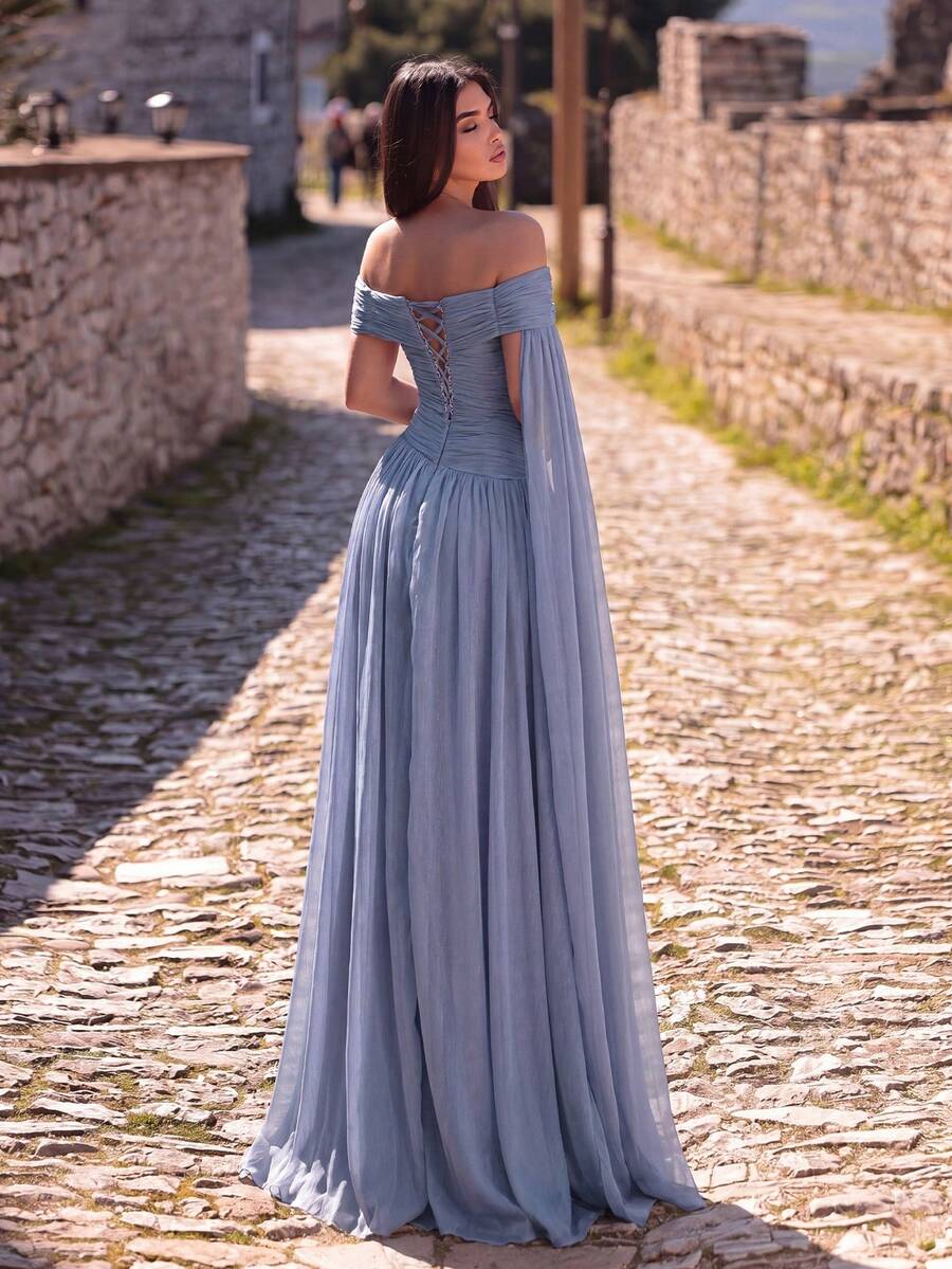 Faeriesty Solid Color Off-Shoulder Evening Gown With Flowing Skirt, Suitable For Banquets, Galas, Charity Balls, Award Ceremonies Wedding Party Fall - Dusty Blue - View 1