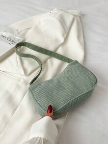 Minimalist Light Gray Corduroy Hobo Underarm Bag, Single Handle Handbag For Women, Soft Accessory For Casual And Office Look - Hijau - View 1