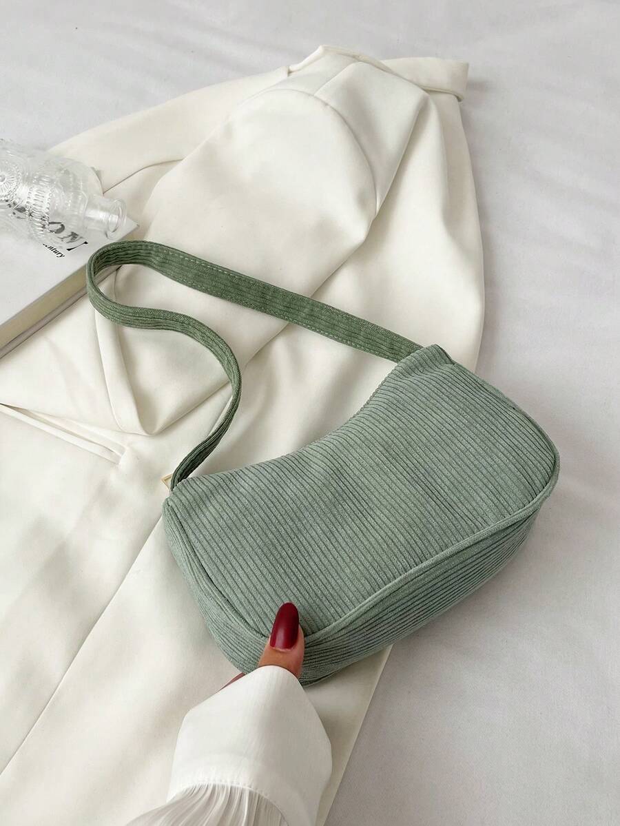 Minimalist Light Gray Corduroy Hobo Underarm Bag, Single Handle Handbag For Women, Soft Accessory For Casual And Office Look - Hijau - View 1
