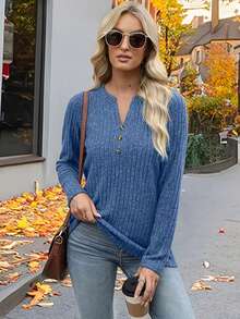1pc Women's Ribbed Fashion Long Sleeve V-Neck Casual Loose Fit Sweatshirt - Light Blue - View 2