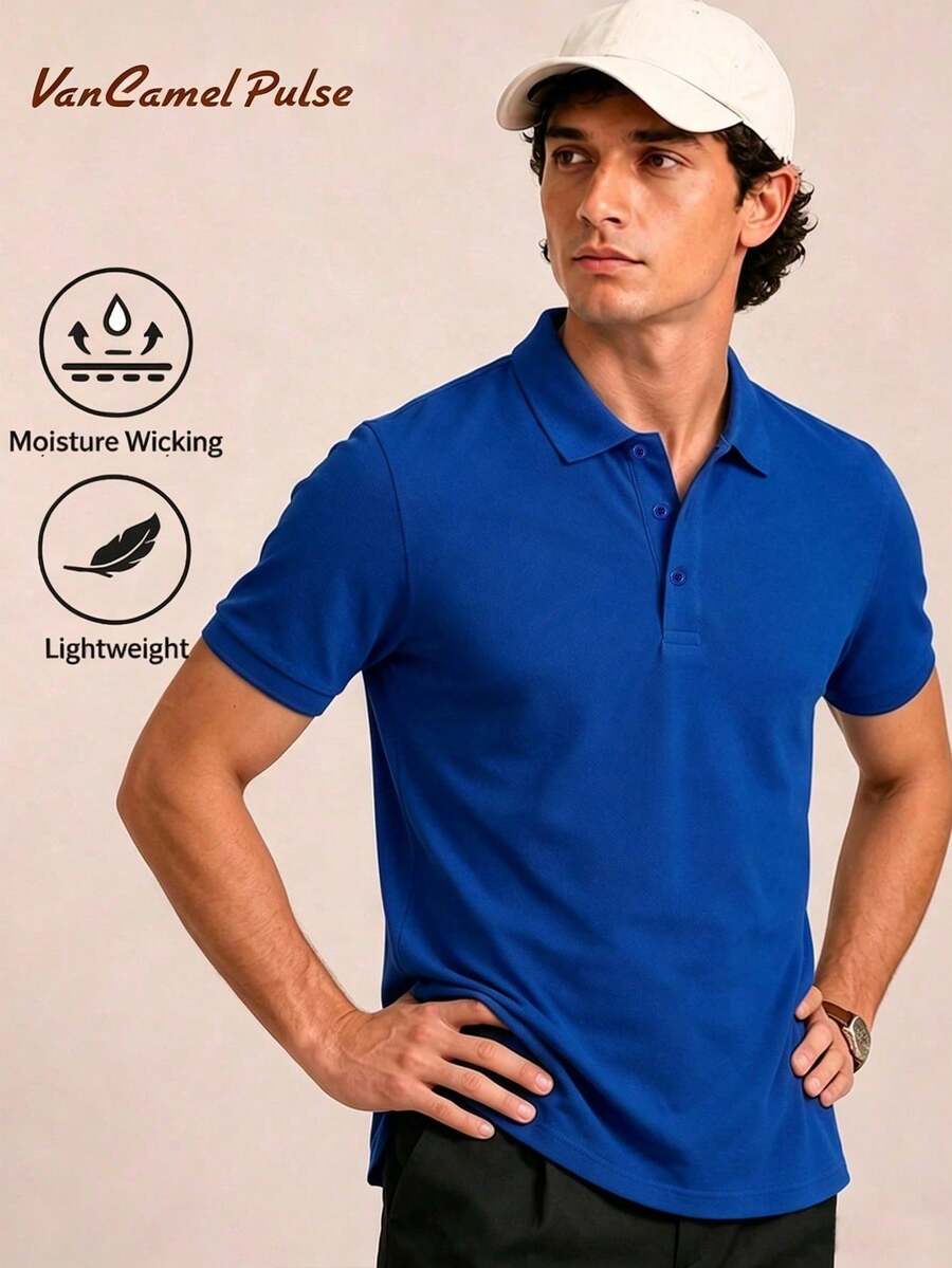 Vancamel Pulse 男士 Polo 衫,純色短袖翻領 T 恤,適合夏季戶外健身與休閒日常穿著 - 藍色 - 查看 1