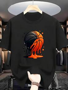 Herren-T-Shirt aus 100% Baumwolle in Übergröße, Streetwear-Basketball-Stil, Kurzarm & Rundhalsausschnitt, lässig für den Sommer, atmungsaktiv für Sport & Alltag, maschinenwaschbar. - Schwarz - Übersicht 1