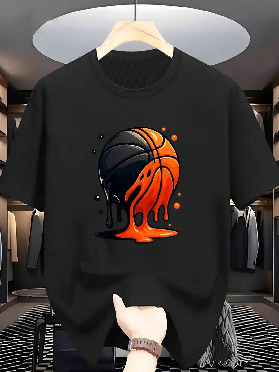 Herren-T-Shirt aus 100% Baumwolle in Übergröße, Streetwear-Basketball-Stil, Kurzarm & Rundhalsausschnitt, lässig für den Sommer, atmungsaktiv für Sport & Alltag, maschinenwaschbar. - Schwarz - Übersicht 1