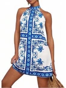 - Vestido corto sin mangas con estampado floral para mujer, cuello halter, línea A - rosado y anaranjado - Ver 18