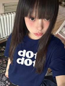 Y2K 波點字母愛心印花短袖女款夏季新款休閒寬鬆T恤 - 深藍 - 查看 3