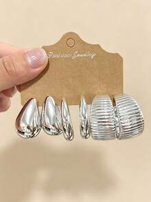 6-18pcs Silver Women's Fashion Earring Set, Including Small Water Drop, Sunflower, Large Ribbed C-Shape, Large Water Drop, Smooth C-Shape Designs, Suitable For Fashion Party, Travel Vacation, Gift Engagement, And Various Occasions. - Silver - View 7