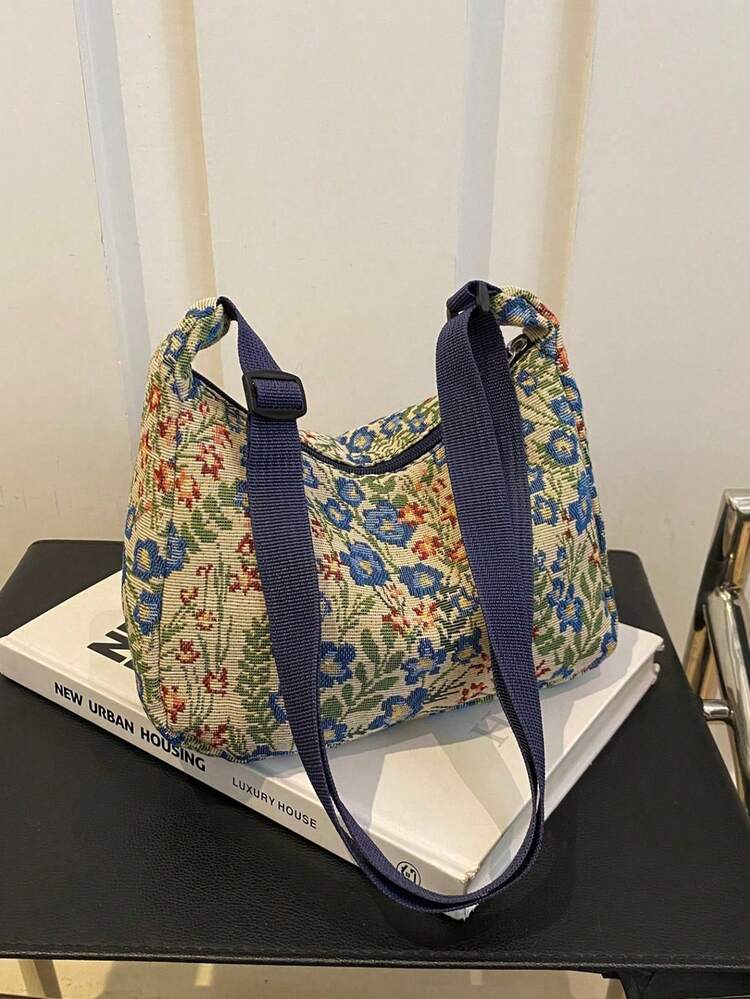 Vintage Bohemian Floral Pattern Shoulder Bag, Retro Hobo Shoulder Bag, Women's Handbag And Purse With Flowers - 熒光色 - 查看 1