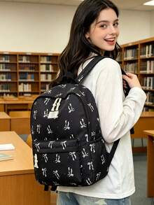 3pcs Fashionable College Style Bow Print Backpack Set, Including Backpack, Lunch Bag And Pencil Case, With Laptop Compartment, Adjustable Shoulder Straps And Multiple Pockets, Large Capacity Student Backpack Set, Multi-Functional Daypack Set, Suitable For Girls/College Students/Graduate Students Daily Use/Vacation/Travel/Back To School - Multicolor - View 6