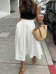 Women's Versatile Solid Color White Skirt, Casual Style For Spring/Summer, Suitable For Dates, Outings, Vacations, Graduations And Back To School - White - View 1