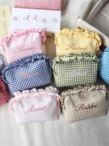 Personalized Embroidered Plaid Makeup Bag, Customized Name Ruffle Edge Cosmetic Bag, Bridesmaid Gift, Travel Organizer Bag, Gift For Her - Multicolor - View 3