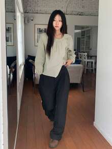 韓式風格春/秋新款時尚優雅圓領不規則領結蝴蝶結女式上衣 - 杏色 - 查看 5