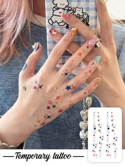 1pc Colorful Cute Star Vertical Stripes Pattern Temporary Tattoo Sticker, Realistic Fake Tattoo Design, Suitable For Daily Travel, Music Festivals, Gaming, Graduation Gifts, Lasts 3-5 Days