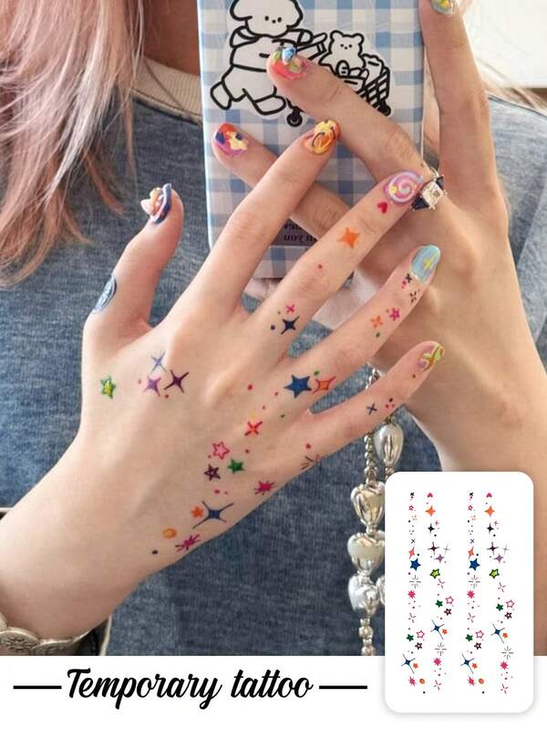1pc Colorful Cute Star Vertical Stripes Pattern Temporary Tattoo Sticker, Realistic Fake Tattoo Design, Suitable For Daily Travel, Music Festivals, Gaming, Graduation Gifts, Lasts 3-5 Days