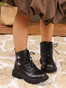 Girls' Black Lace-Up Combat Boots With Metal Butterfly Decor, Side Zipper, Non-Slip Thick Sole, Fashion Ankle Boots For Autumn Outdoor And Daily Wear - Black - View 3