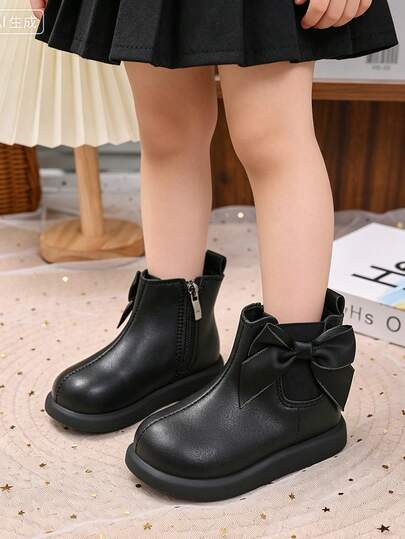 Korean Style Girls' Bow Genuine Leather Ankle Boots, Soft Sole Anti-Slip Walking Boots For Toddlers, Side Zipper Versatile Leather Boots, Autumn/Winter Outdoor Baby Boots