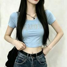 藍色重工水鑽裝飾方領短袖圖案T恤 夏季性感修身顯瘦短版上衣 時尚簡約百搭 - 藍色 - 查看 4