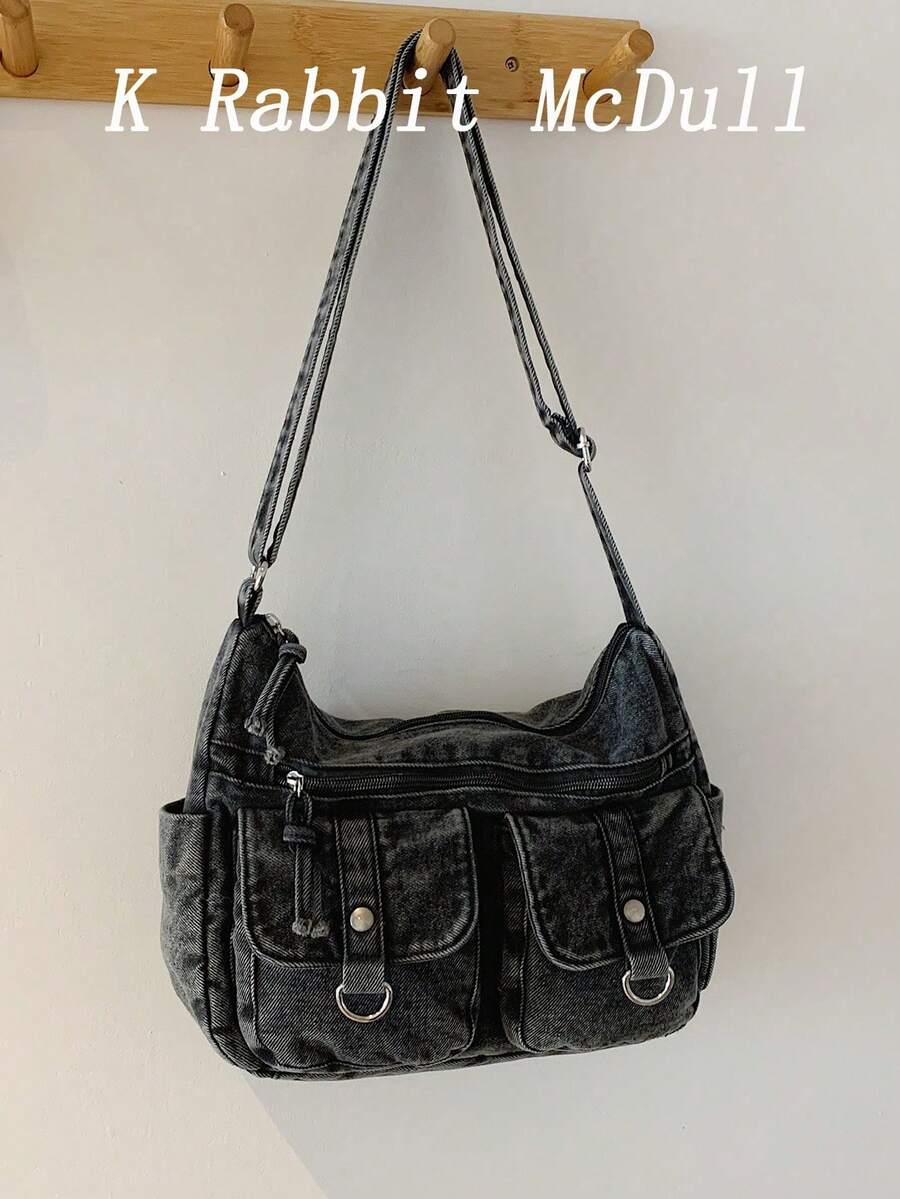New Chic Casual Shoulder Bag Made Of Soft, Multi-Layered Denim With Multiple Pockets, Versatile, Suitable For Work, Shopping And Travel. - Orange - View 1