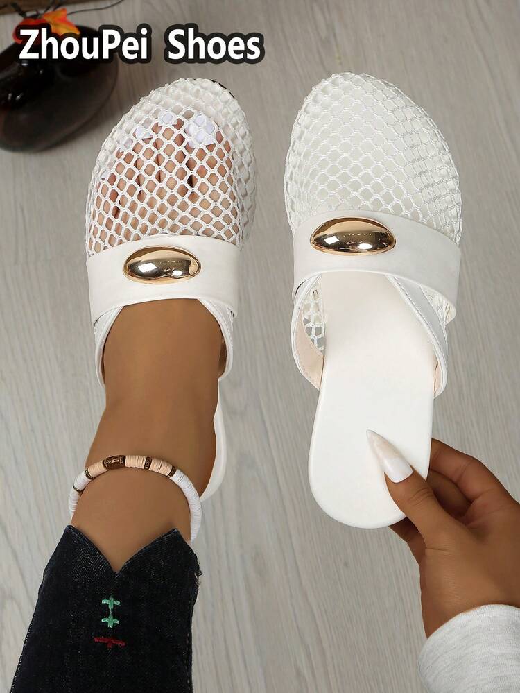 Hollow Breathable Mesh Slouchy Slip-On Slippers, Lightweight Durable Rubber Sole, Fashion Versatile Home & Outdoor Wear, New Commute Summer Hot-Selling Style - White - View 2