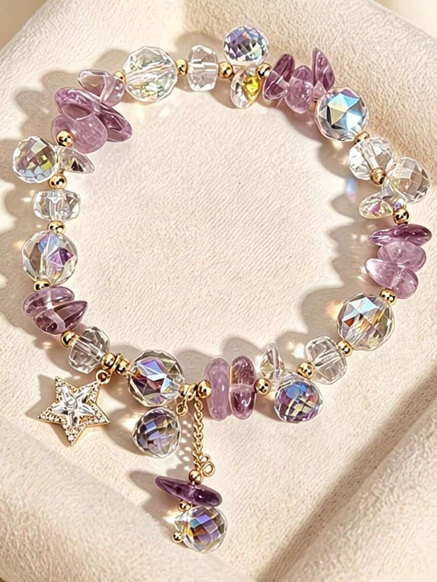 1pc Minimalist Sexy Aesthetic Fairy Style Y2K Iridescent Crystal Bracelet, Exclusive For Teenage Girls, Gold Zirconia Star Pendant With Tassel, Elastic Band, Jewelry, Suitable For Prom, Graduation Season, Music Festival, Daily Wear, Best Friend Birthday, Valentine's Day Gift - Multicolor - View 1