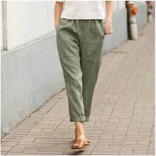Pantalones Capris Genéricos para Mujer de Algodón y Lino, Pantalones Holgados de Talla Grande para Mujer de Lino y Algodón, Pantalones de Lino para Mujer de Talla Pequeña - Café - Ver 3