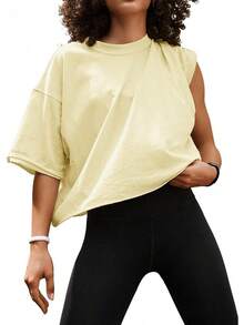 Camisetas Cortas de Manga Corta para Mujer, Estilo Casual, Básicas, de Algodón, para Yoga, Running y Deportes - Azul Marino - Ver 9