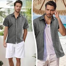 Camisas Hombre Casuales Manga Corta - con Botones Ocultos Tejido Fresco Y Transpirable para Playa Uso Diario Vacaciones Reuniones Ocio - azul claro - Ver 4