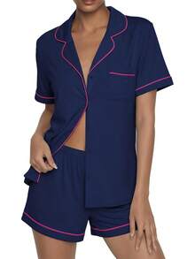 - Conjunto de pijama de verano con botones, 2 piezas, de manga corta, para dormir, S-XXL - Negro con elefante - Ver 21