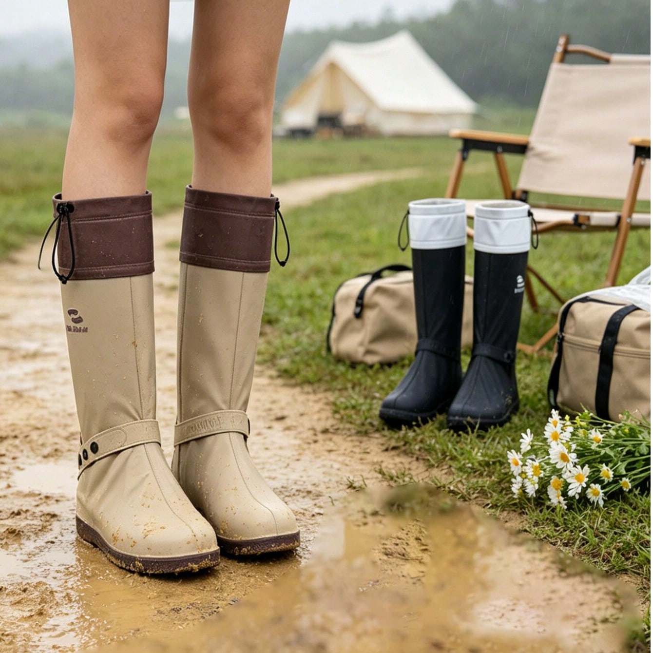 1 Pair Outdoor Camping Waterproof Tall Rain Boots, Anti-Slip Wear-Resistant Muddy Mountain Road Rain Shoes, Versatile Long-Tube Rain Boots For Hiking, Outdoor Puddle-Proof Breathable Tall Water Boots, Adjustable Buckle Slimming Tall Rain Boots, Portable Rain Boots For Outdoor Spring Outings And Camp