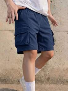 1件装青少年男童休闲夏季运动工装短裤，适合户外锻炼 - 藏蓝色 - 查看 4
