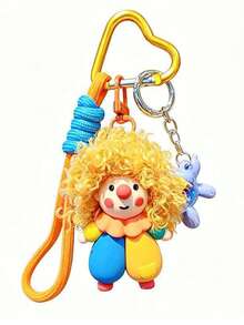Cute 3D Curly Hair Clown Plush Bag Charm, Exquisite Handmade Resin Pendant With Heart-Shaped Clasp And Braided Hanging Rope, Fashionable And Adorable Backpack Accessory, Suitable For Back To School Decoration, Children's Birthday Gift, Also Can Be Used As Decoration For Daily Handbag Or Car Key - Multicolor - View 4