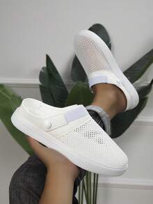 Men's Solid Color Mesh Casual Half-Slip Sandals, Microfiber Patchwork Hollow Upper, Adjustable Back Strap, 2-In-1 Wear, Minimalist Basic Style, Suitable For Daily Commute, Travel, Driving And Multiple Occasions - White - View 2