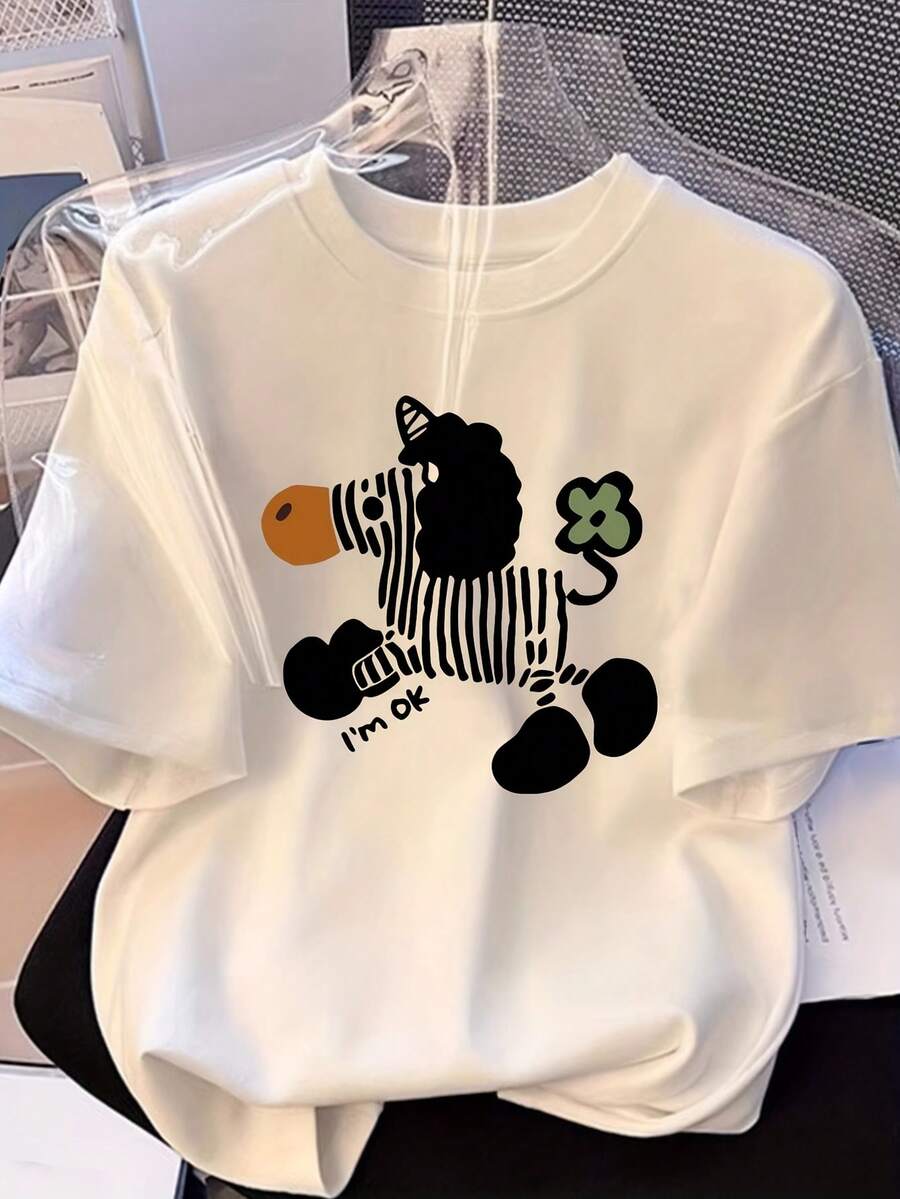 Camiseta 100% holgada para mujer - Bonito estampado de pony y trébol de dibujos animados, manga corta, cuello redondo, top casual, lavable a máquina para comodidad en todas las estaciones - Blanco - Ver 1