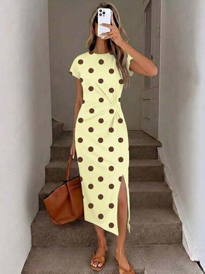 Women's Brown And Yellow Polka Dot,Summmer,Vintage,Tea Party Elegant Twist Waist High Slit Midi Dress,Knit Texture Bodycon Wedding Guest Dress