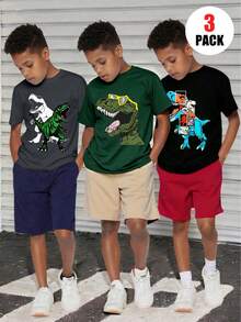 3pcs/Set Casual Street Style Dinosaur Graphic Print Sports T-Shirts, Suitable For Boys Streetwear, Ideal For Spring/Summer Activewear - Multicolor - View 2
