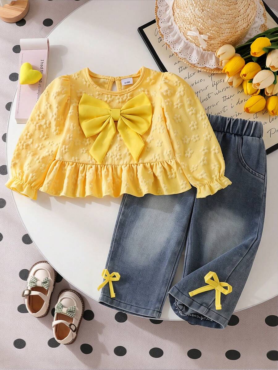Baby Girl Sweet Style 2-Piece Set, Fresh Yellow 3D Big Bow Ruffle Lantern Sleeve Casual Pullover Top + Bow Decor Denim Wide Leg Pants, Spring/Autumn Outfit - Yellow - View 1