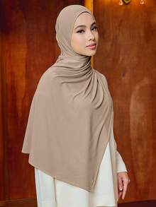 1Pc Instant Knit Hijab For Women - Soft Stretchy Solid Color Muslim Shawl, Breathable Islamic Headscarf, For Daily Prayer & Casual Outfits - Khaki - View 1