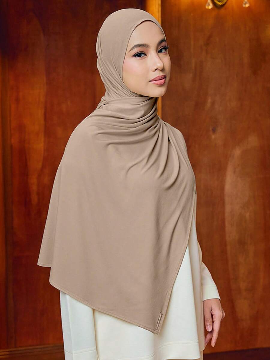 1Pc Instant Knit Hijab For Women - Soft Stretchy Solid Color Muslim Shawl, Breathable Islamic Headscarf, For Daily Prayer & Casual Outfits - Khaki - View 1