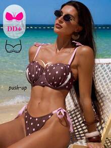 Voyashape Conjunto de bikini con sujetador con aros y relleno con forma de concha, tirantes y anudado en la cintura para mujer, estilo sexy talla DD+ - Marrón - Ver 5