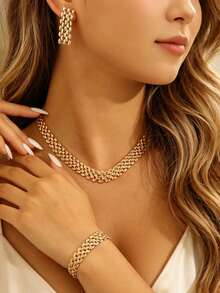 1 Set Elegant Minimalist Hollow Wide Necklace Bracelet Earrings Geometric Mesh Collarbone Chain High-End Versatile Women's Jewelry Set, Suitable For Daily Wear And Parties, Jewelry Accessories - D - View 4
