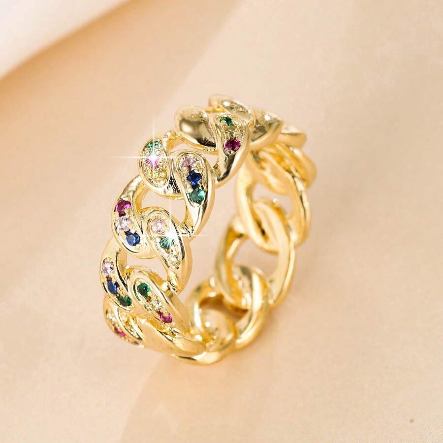 1pc Women's Chain Design Colorful Rhinestone Ring, Luxury Style Hollow Band, Versatile Jewelry For Daily Commute And Date - Silver - View 1