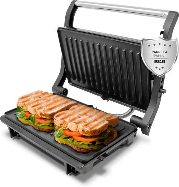 Apertura de 180°, Negro y Acero, Placas Antiadherentes, Control Automático de Temperatura, Luces Indicadoras y Mango Frío al Tacto, Ideal para Sándwiches y Carnes.