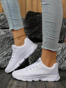 Sepatu Sneakers Kasual Wanita Warna Polos, Berbahan Jaring Bernapas, Bagian Depan Bertali, Sol Lembut, Serbaguna, Modis untuk Beraktivitas di Luar Rumah - Putih - View 4