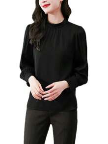 Blusa formal de manga larga para mujer, con cuello falso, plisada, manga abullonada, para negocios - Azul - Ver 13