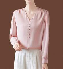 Blusa de manga larga plisada de seda con abalorio y cuello en V para mujer - Morado - Ver 2