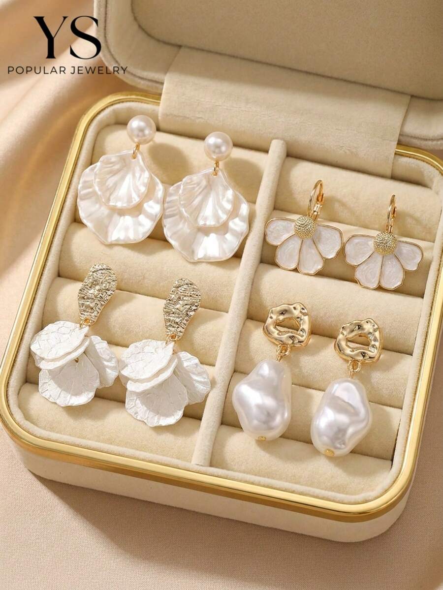 甜美溫柔水鑽花瓣人造珍珠油滴心形耳釘 時尚百搭珠寶套組 (8件/4對)，適合日常通勤、送禮