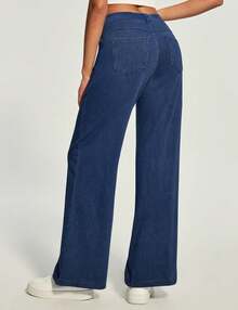 Heathyoga - Jeans de pierna ancha para mujer, cintura alta, pantalones holgados para mujer, pantalones de mezclilla elásticos de pierna recta, pantalones de mezclilla - Denim azul marino - Ver 2