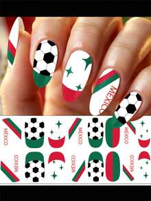 16Tips/Sheet Football Match Fans Nail Art Stickers Mexico Green White Red Heart Soccer Pattern Nail Wraps Full Cover Self-Adhesive Waterproof Sports Fans Slider - 彩色 - 查看 9