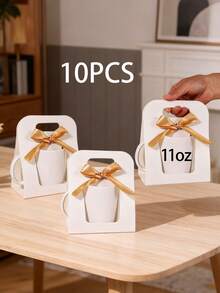 10PCS/1PCMug Boxes Sublimation Coffee Mugs Gift Bags With Window Packaging Storage Box For Shipping Selling Chirstmas Gift Packaging Wrapping (For 11oz Mug,Brown - White + Gold Ribbon - View 14